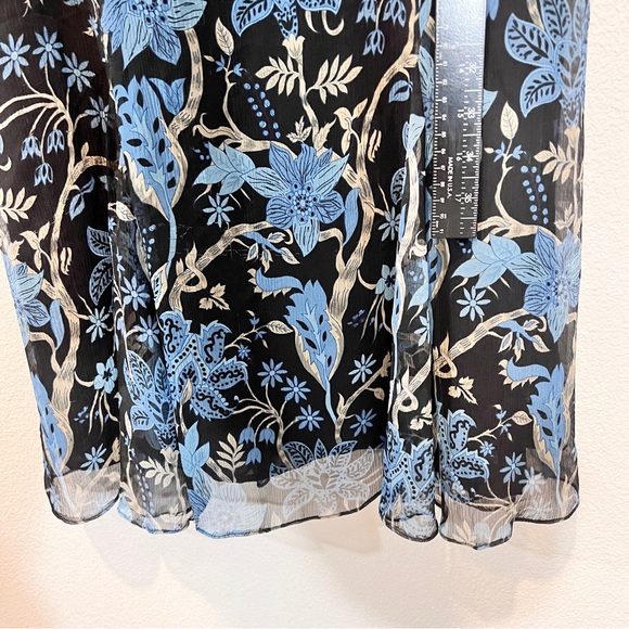 100% Silk Floral Midi Dress Black Blue Sheer Overlay Size 4 - Picture 9 of 13